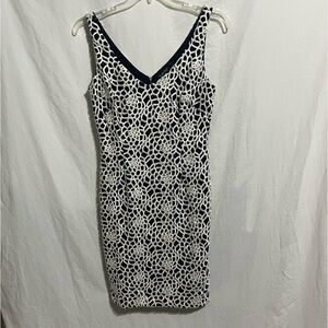 Lauren Ralph Lauren Dress Sheath Sleeveless Lined White/Navy with Over Lay